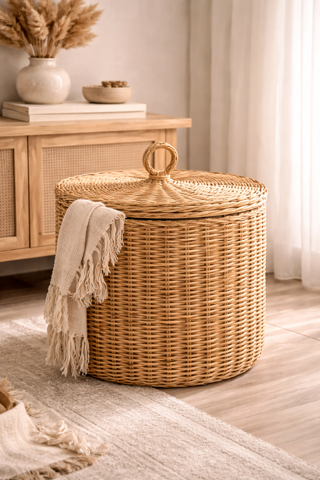 Handwoven Cane Storage Basket with Lid