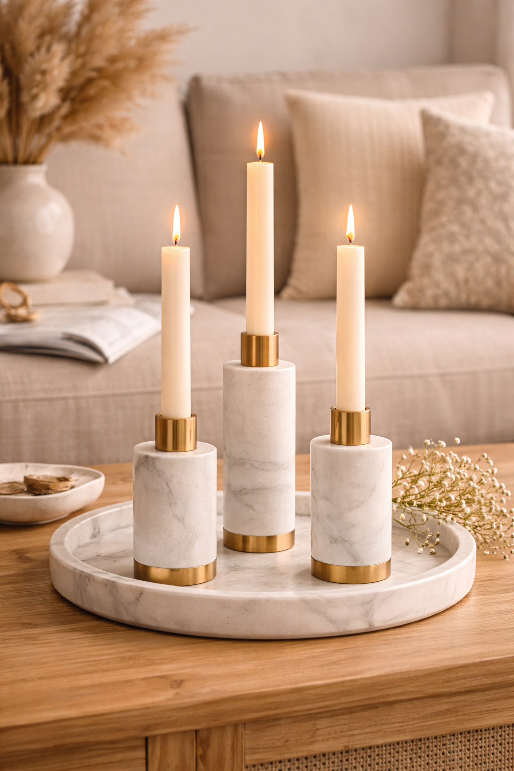 Minimalist Marble & Brass Candle Holder Set
