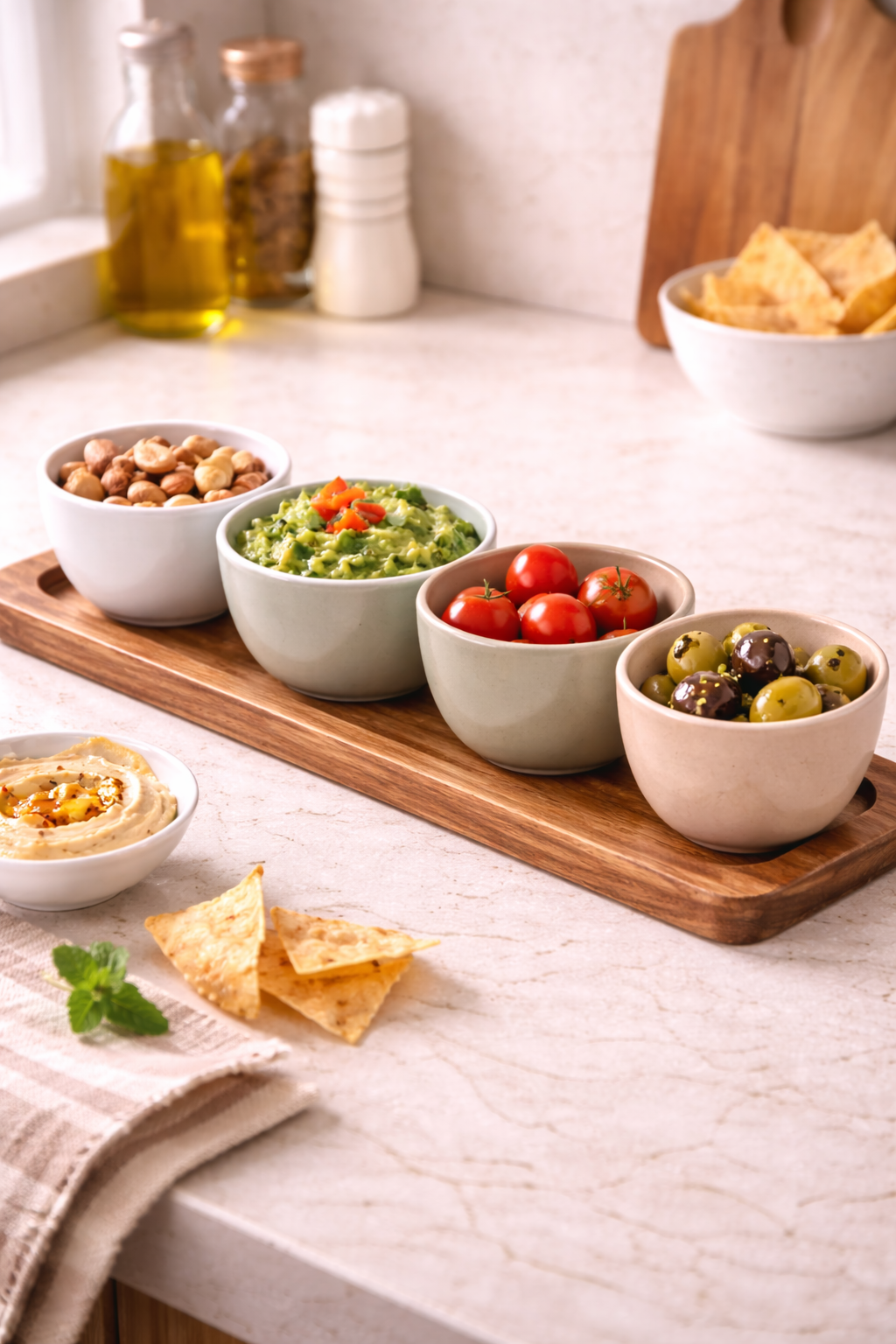 Handcrafted Ceramic Serving Bowl Set with Wooden Tray