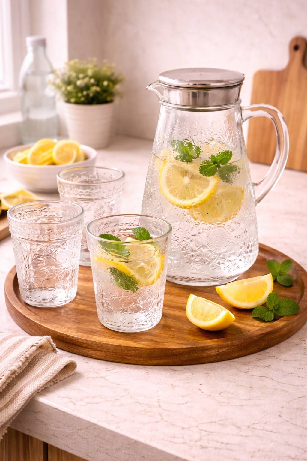 Vintage Embossed Glass Water Jug & Tumbler Set