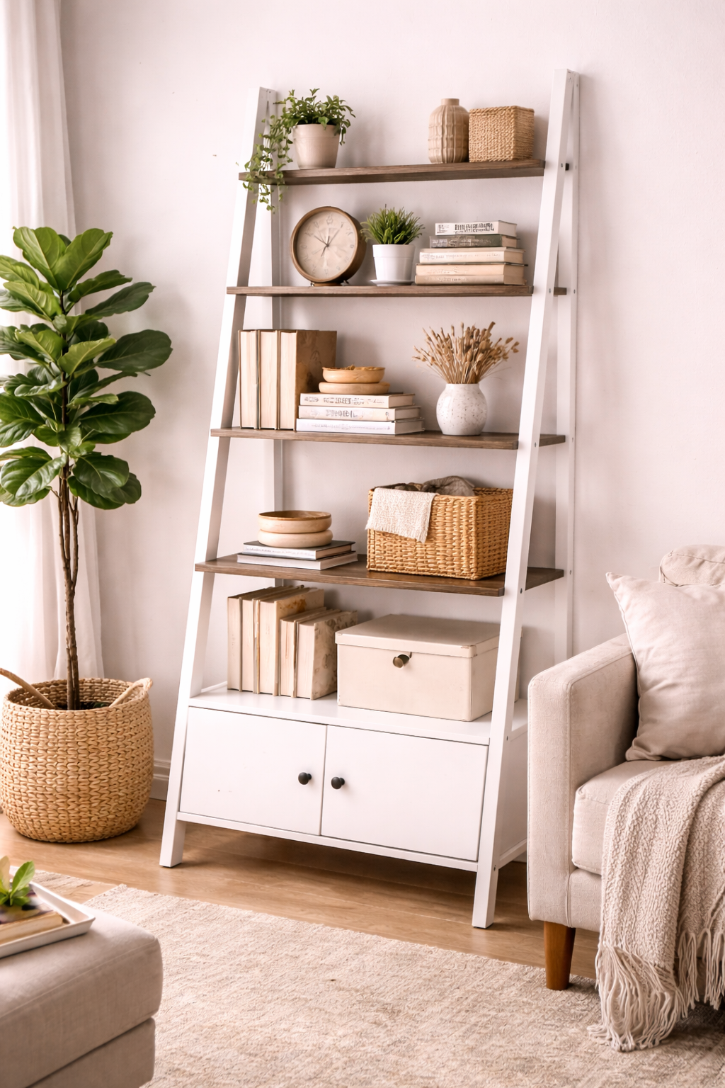 Modern Ladder Style Bookshelf with Storage Shelves