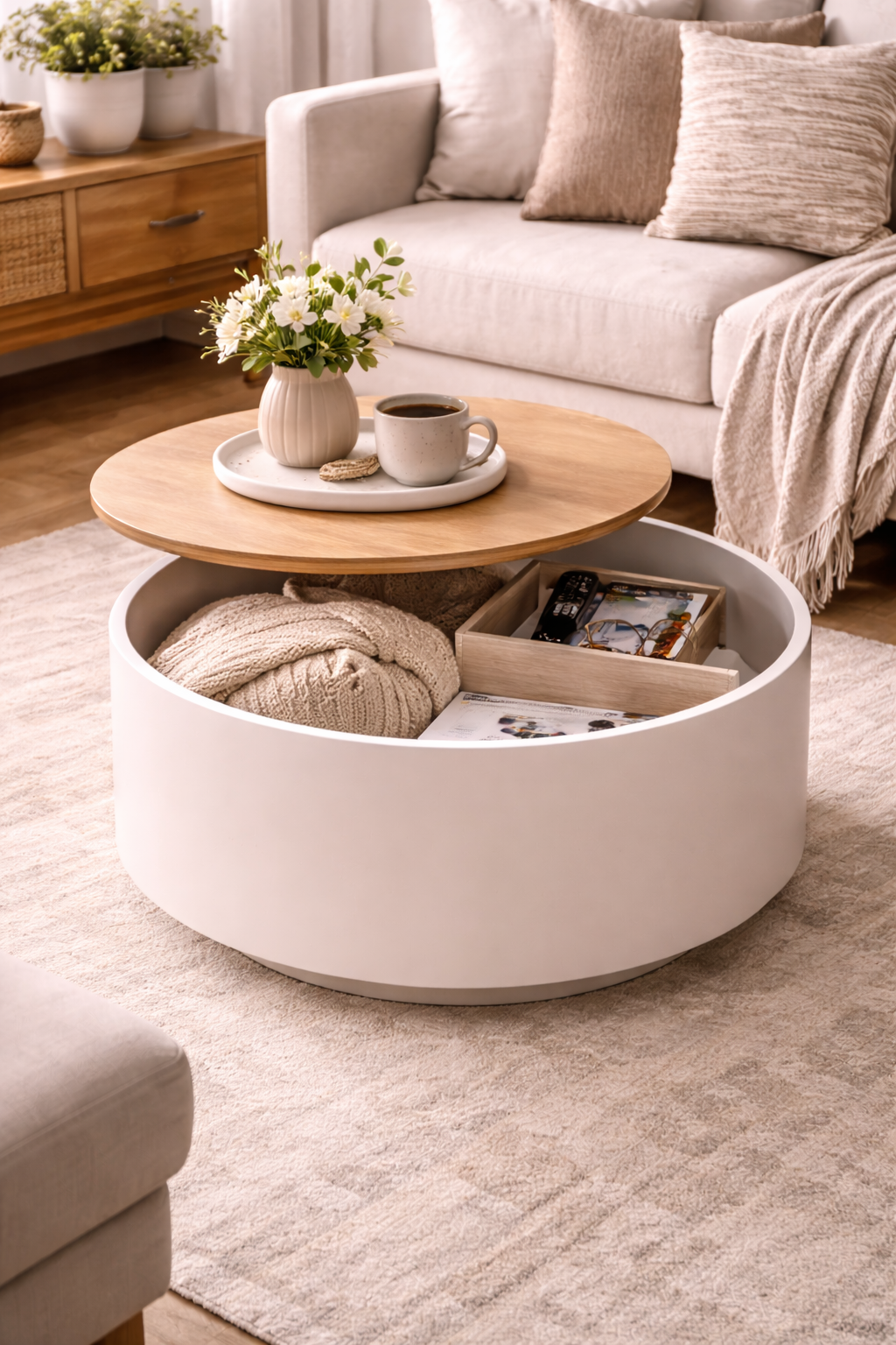 Minimalist Round Coffee Table with Hidden Storage
