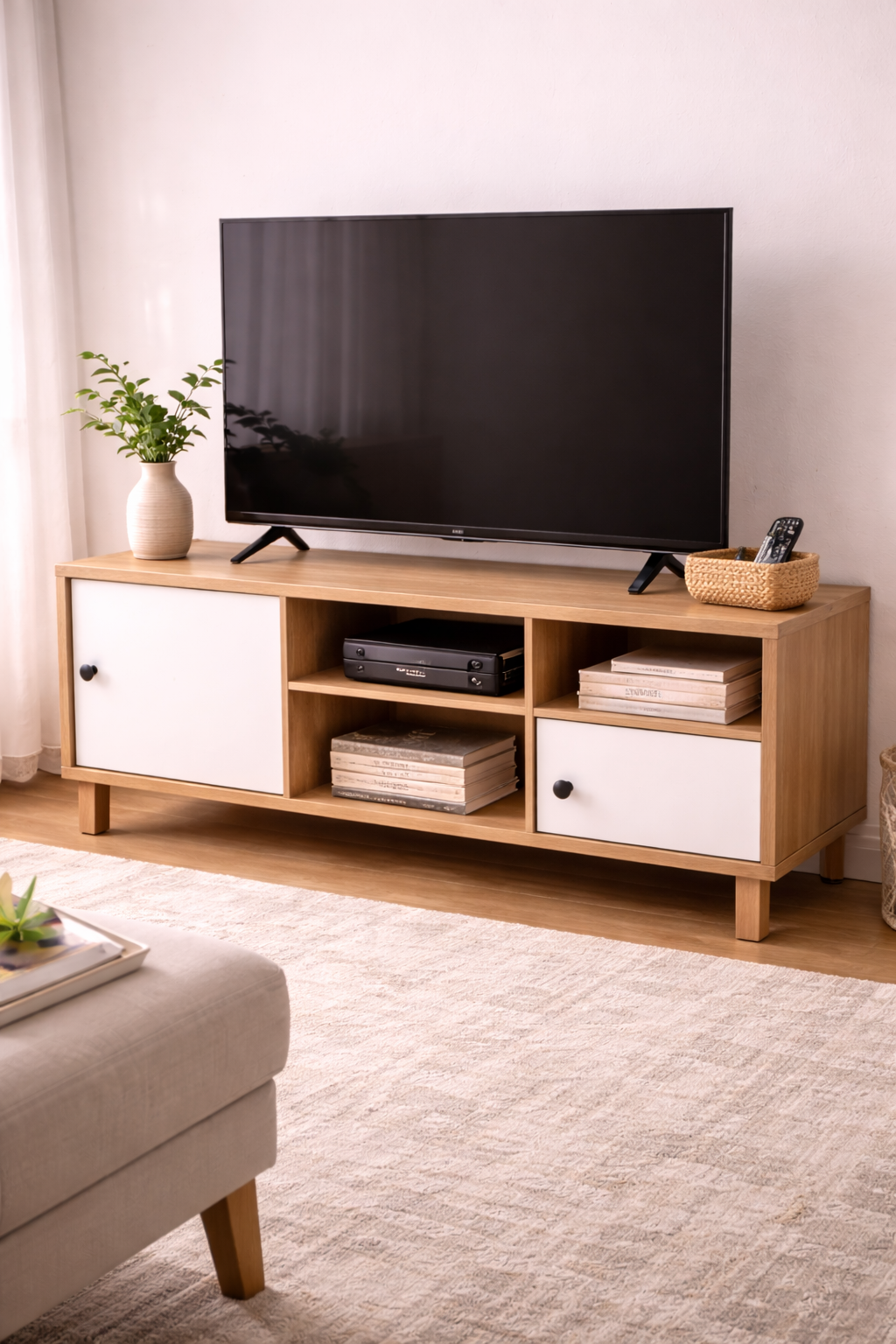 Compact Sliding Door Wooden TV Unit with Storage