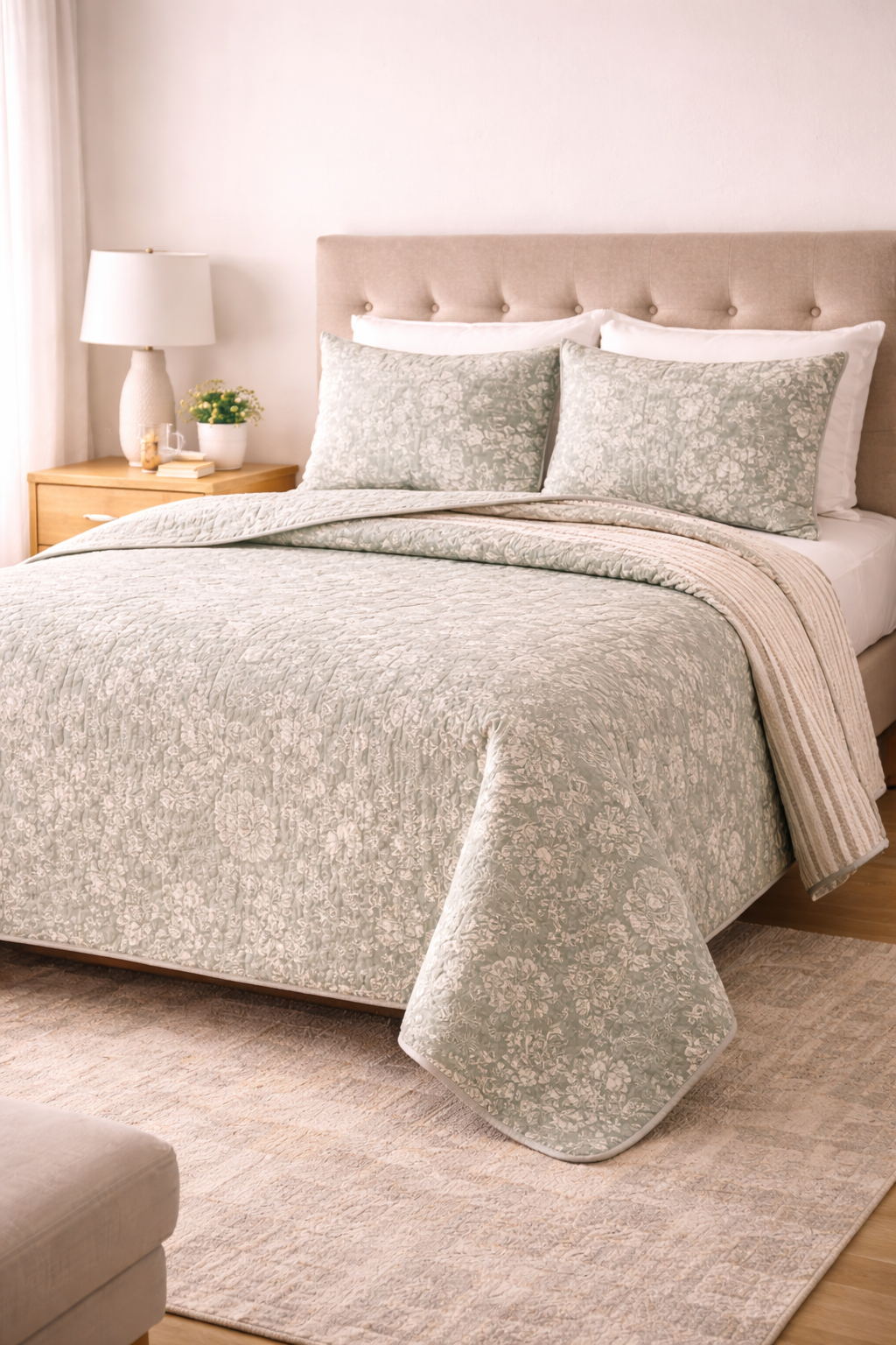 Reversible Quilted Bedspread Set with Pillow Covers