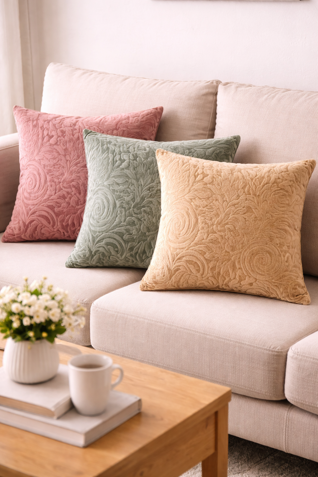 Velvet Cushion Cover Set with Embossed Pattern