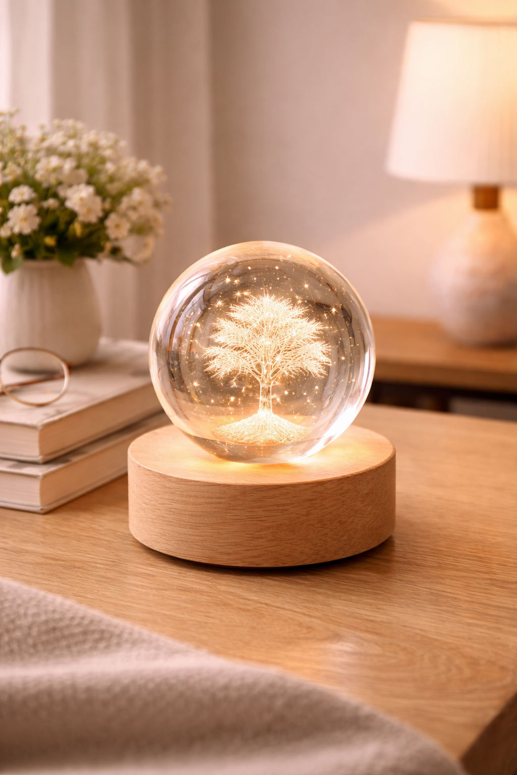 LED Crystal Ball Night Lamp with Wooden Base